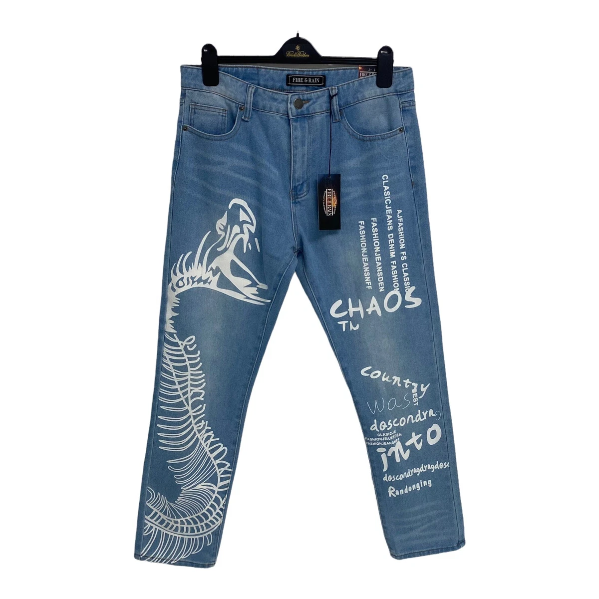 Fire & Rain Men's Light Wash Premium Denim Blue Graphic