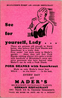 Milwaukee WI Mader's Pork Shaks Sauerkraut Restaurant Postcard Unused (32315)