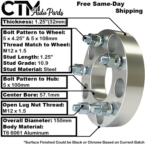 4x 1.25" THICK 5x100mm TO 5x4.25"(5x108mm) 57.1 CB WHEEL ADAPTER KIT FOR VW AUDI - Picture 2 of 4