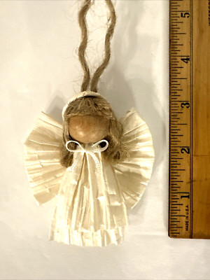 Angel Vintage Christmas Ornament 3'' Handcrafted Germany Wood Head Paper & String