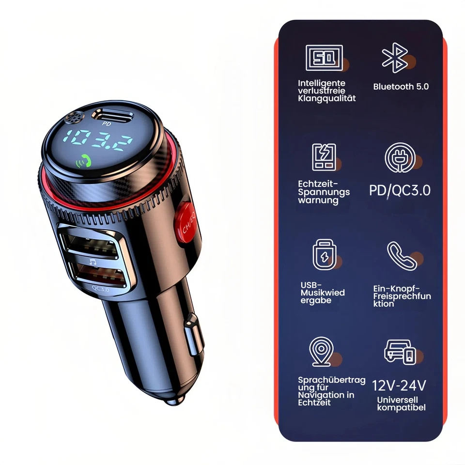 Bluetooth 5.0 Auto Adapter FM Transmitter mit Schnellladen und Freisprechen - Bild 3 von 4