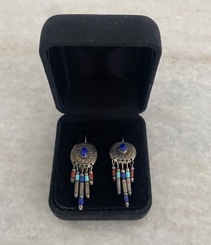 Vintage Sterling Silver 925 Navajo QT Signed Turquoise Coral Lapis Earrings - Picture 7 of 9