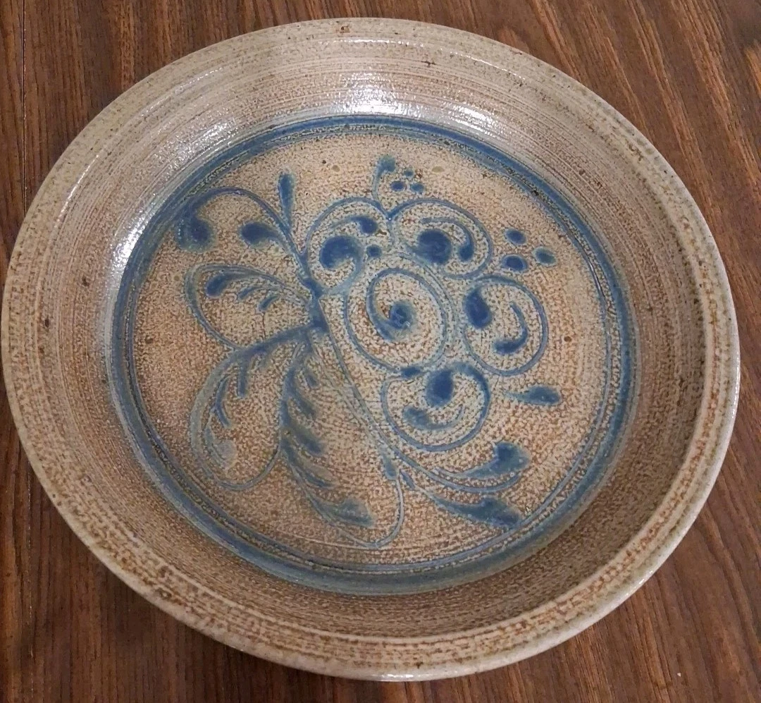Bauman Signed Art Pottery Serving Dish 9" Pie Plate Gray Blue