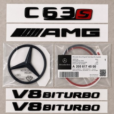 Mercedes C63s AMG + STAR + V8 BITURBO Gloss Black Badge For W205 Saloon 2015-21