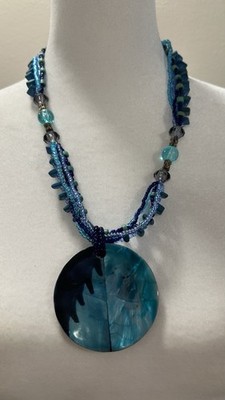 Boho Blue Multi Strand Beaded Necklace Large Resin Pendant Statement Turquoise