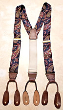 Vintage CAS Germany Suspenders Navy Paisley Leather Braces Adjustable