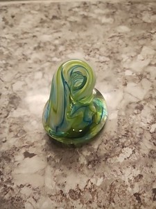 Handblown Glass Art  Desk Pen Holder Blue-Green Swirl Unique