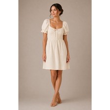 Roxy Womens Cotton Gauze Smocked Puff Sleeve Mini Dress Cream Off White Medium