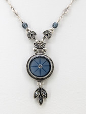 Napier Silver Tone Blue Pendant Necklace Rhinestone Accents Vintage 18 Inch