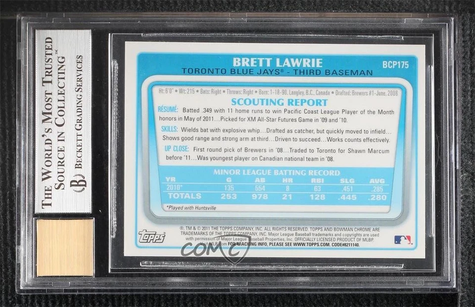 2011 Bowman Chrome Prospects Auto Brett Lawrie #BCP175 BGS 9 MINT Auto - Image 2 of 2