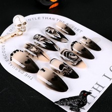 French Tip Press on Nails Handmade Fake Nails With Black Skull Rose/Heart
