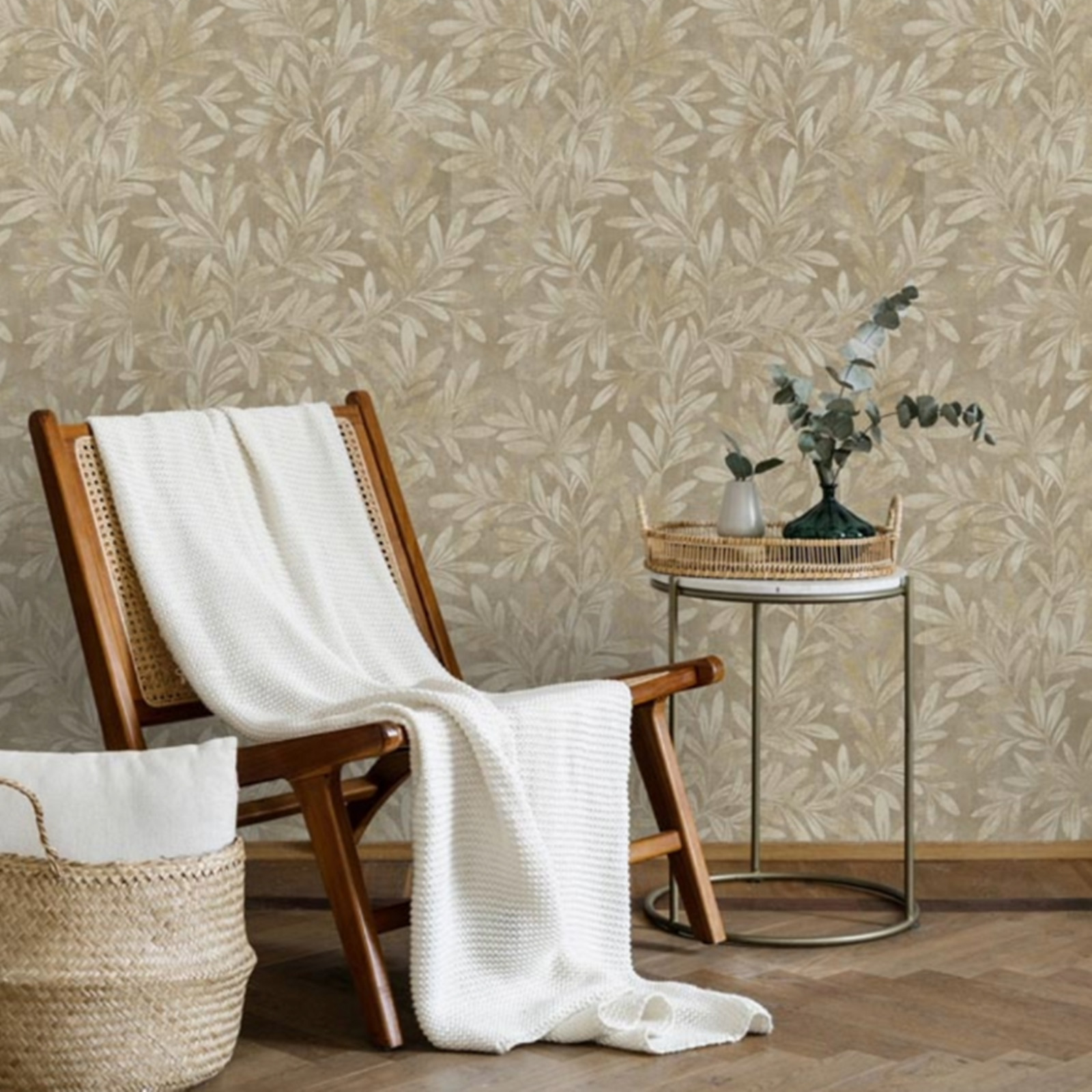 Taupe Willow Trail Wallpaper Gold Metallic Leaf Shimmer Textured Feature Wall