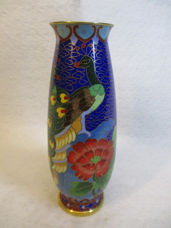 6" Cloisonne Vase with Peacocks and Flowers - Brilliant Colors!