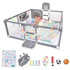 Corral Para Bebes 73x71 Pulgadas Con Tapete Y Canasta De Baloncesto Gris