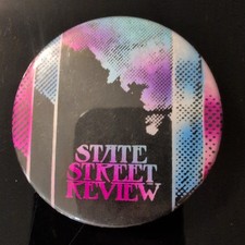 Vintage State Street Review Pinback Button Pink Blue Geometric Retro Badge