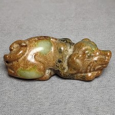 3.5" Chinese Old Jade Carved Wealth Dog Statue Pendant Desk Ornament Collection