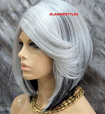 LACE FRONT FULL WIG BOB ANGLED CUT STRAIGHT OFF BLACK SILVER GRAY MIX HEAT OK