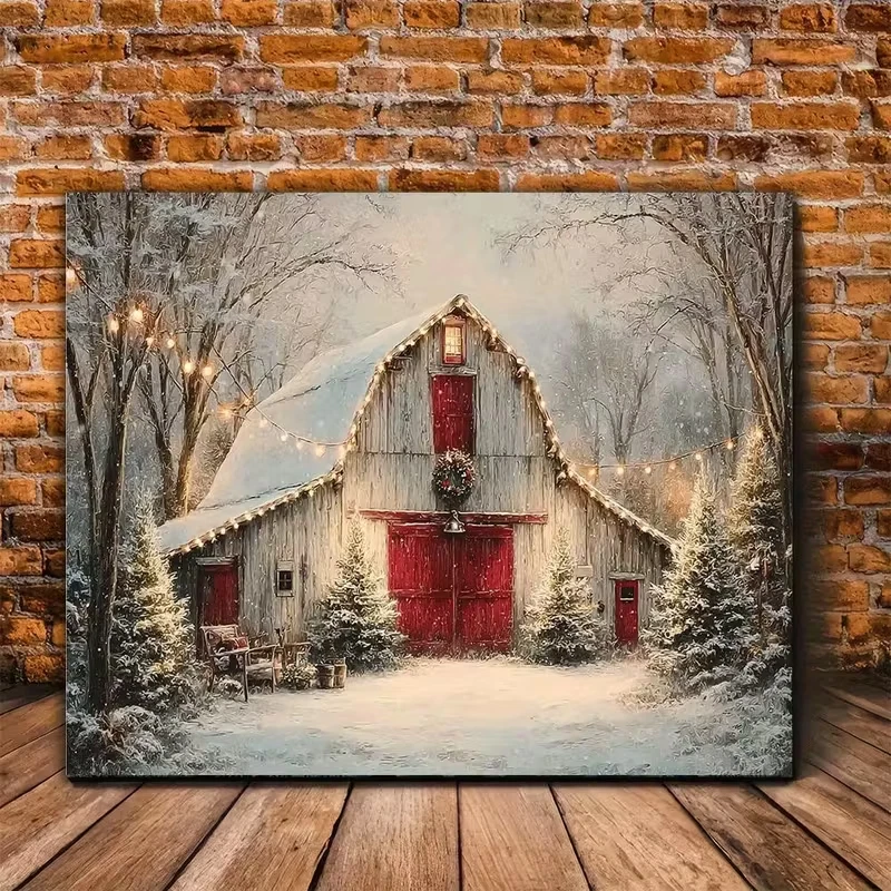 Vintage Farmhouse Christmas Barn Painting - Winter Snow Scene with Red Doors - Image 3 of 4