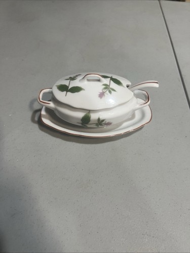 Sugar Bowl ADG Delphine Fine China Japan Red Trim Flowers Herbs Mini with Spoon - 第 1/6 張圖片