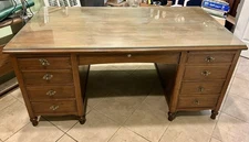 Vintage 8 Drawer Wood Executive Desk with Glass Top & Leather Chair.