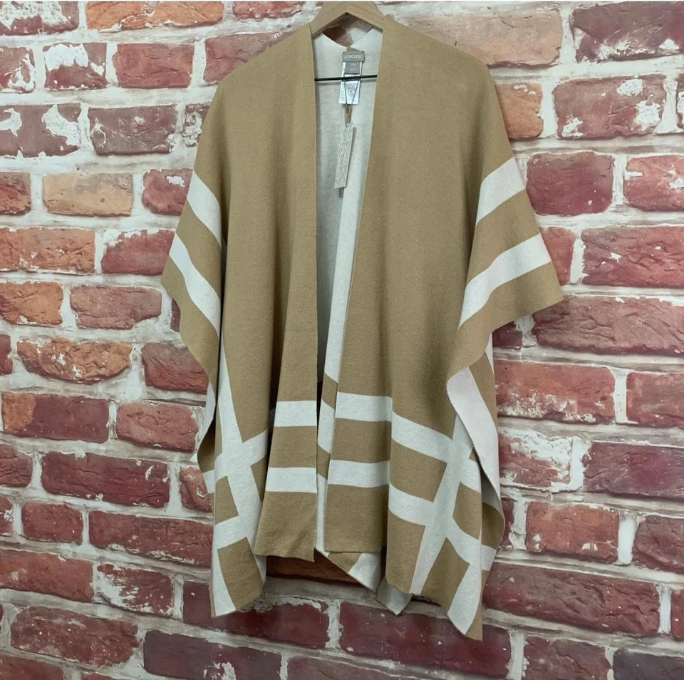 Chicos Ruana Cárdigan Mantón Envolvente Mujer S/M Caqui Blanco Rayas Sin Brazos Foto 3 de 4