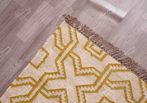Off White Kilim Rug With Yellow Design Rug, Handwoven Rug, Fringes Jute Area Rug - Picture 7 of 7