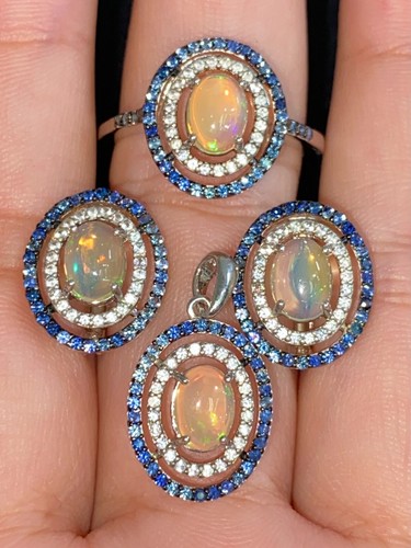 NATURAL FIRE OPAL 7X5 SAPPHIRE WHITE CZ STERLING SILVER925 RING EARRING PENDENTS - 第 1/14 張圖片