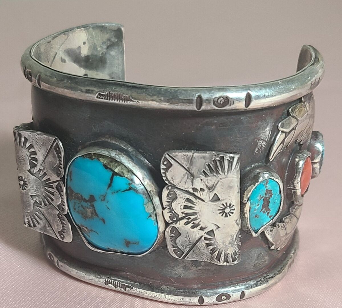 Awesome Vintage Native American Navajo 2 Morenci Turquoise Coral Sterling Silver Bracelet Awesome Vintage Native American Navajo 2 Morenci Turquoise Coral Sterling Silver Bracelet