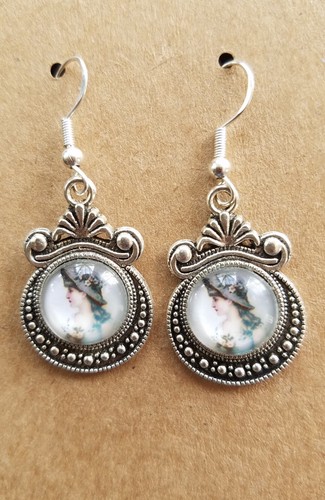 Victorian Woman Cameo Cabochon Tibetan Silver Pierced Earrings, Steampunk, Bobo - Picture 1 of 8