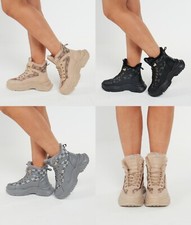 Womens Trainers Boots Faux Fur Ladies Goth Punk Lined Lace Up Sneakers Shoes