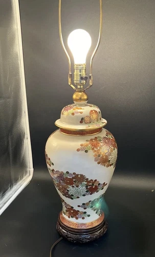 VINTAGE GOLD GINGER JAR TABLE LAMP ASIAN HAND PAINTED WOOD BASE ART NOUVEAU 23"
