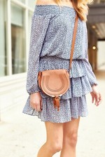 Michael Kors Dress Size Small Sunari Navy Blue White Floral Off Shoulder Smocked