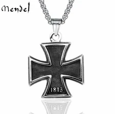 MENDEL Mens Stainless Steel 1813 1949 WW2 German Iron Cross Pendant Necklace Men