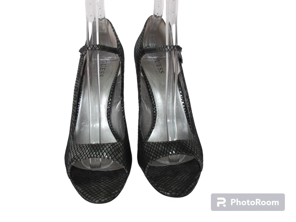 Zapatos Guess Talla 9 Correa al Tobillo Bomba Punta Abierta Tacones Estaño Plata Estampado Serpiente Foto 3 de 4