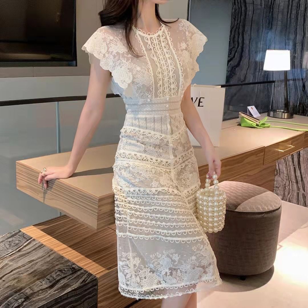 Ladies Summer Maxi Sexy Embroidered Lace Ruffles Round Neck Slim Fit Wrap Dress image 10