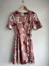 NEW LOOK Dusky Pink Satin Floral Summer Wrap Dress Size UK 8 VGC