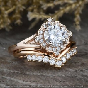 Authentic 3CT Round Cut Simulated Moissanite Curved Engagement Ring 14K Rose Gold Plated