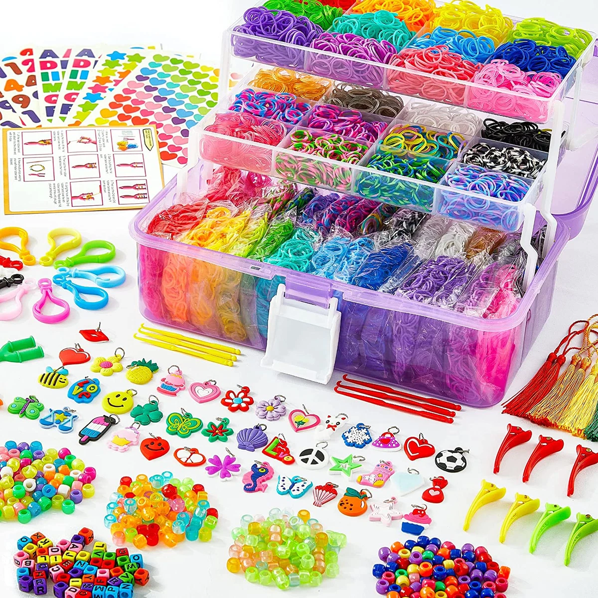 17500+ Rubber Loom Bands with 3 Layer Container, 28 Colors, 600 S-Clips,  352 Bea