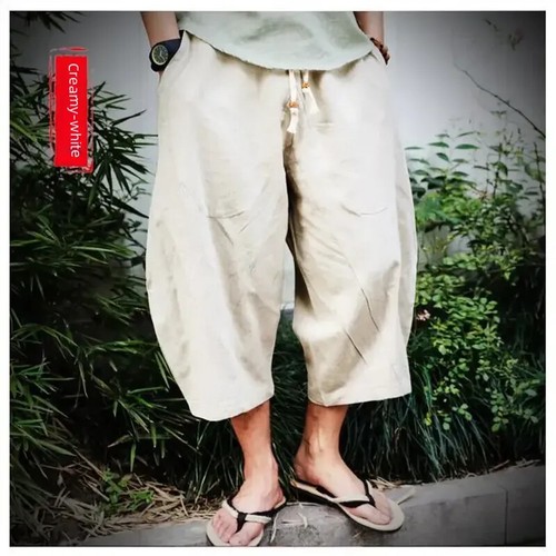 Mens Linen Cotton Capri Pants Harem Loose Baggy Shorts Plain Chinese Casual Soft - Picture 16 of 16