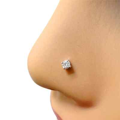 3MM Round Diamond Nose Stud Piercing Pin 18 Gauge 14Kt White Gold