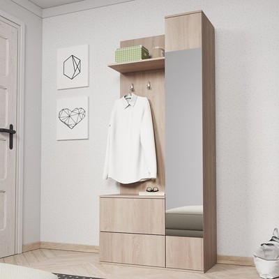 vestiaire meuble d'entrée chelsy blanc chêne miroir patère