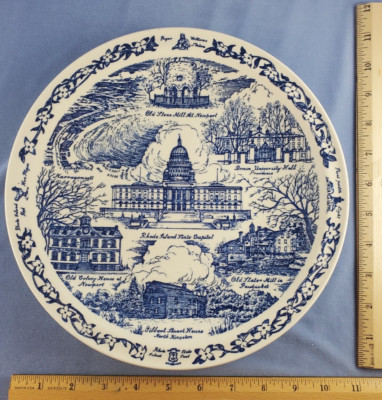 RHODE ISLAND State Plate Blue on White - Brown University Hall  Vernon Kilns
