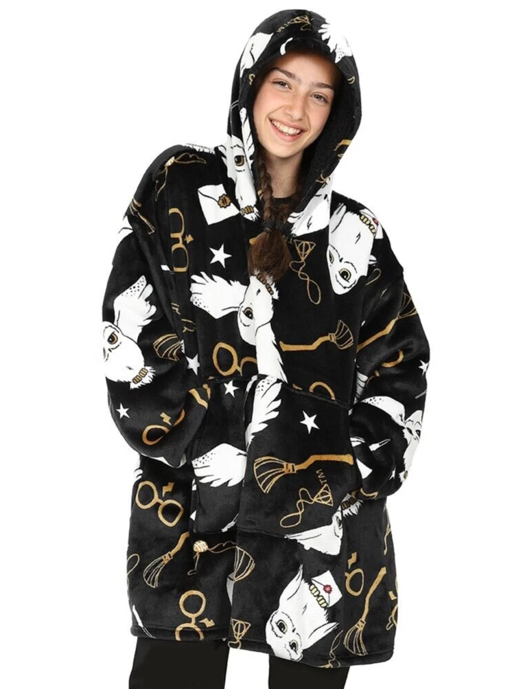 Harry Potter Hedwig Girls Black Oversized Blanket Hoodie