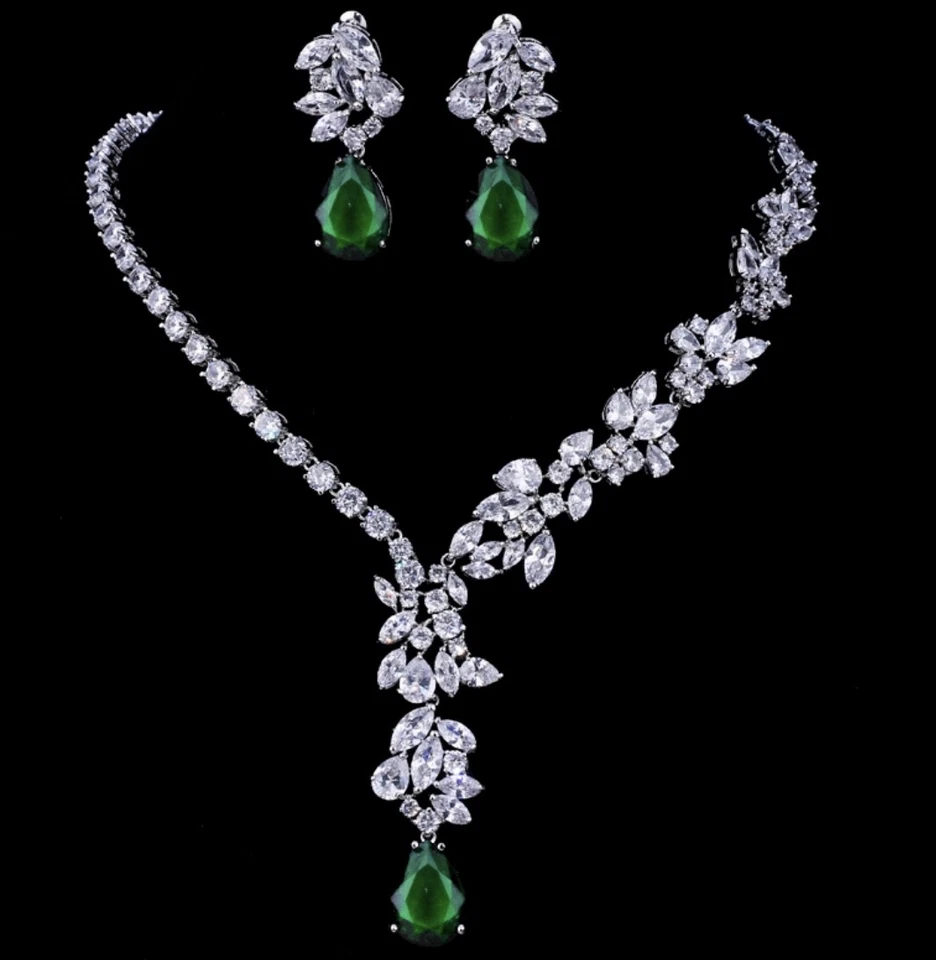 18K White Gold Plated Lab Green Emerald Necklace Earrings Christmas Jewelry Set