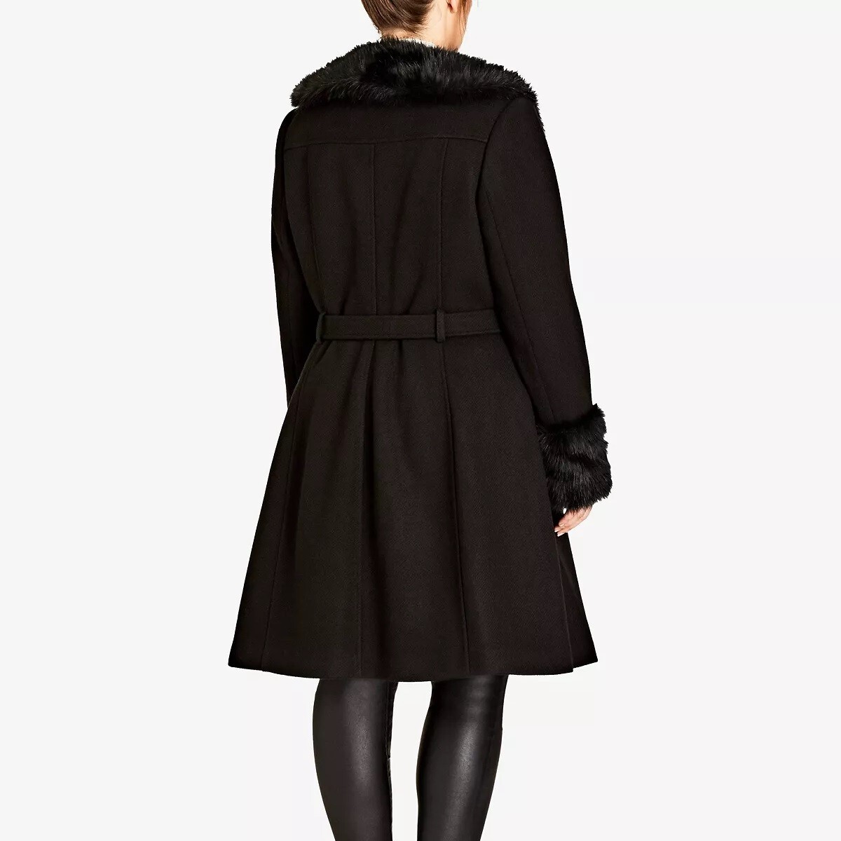 City Chic Womens M Black Fur Collared Tie Waist Winter Coat NWT