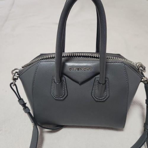 Givenchy Gray Leather Shoulder Bag Zipper Handle Silver Hardware Women Authentic