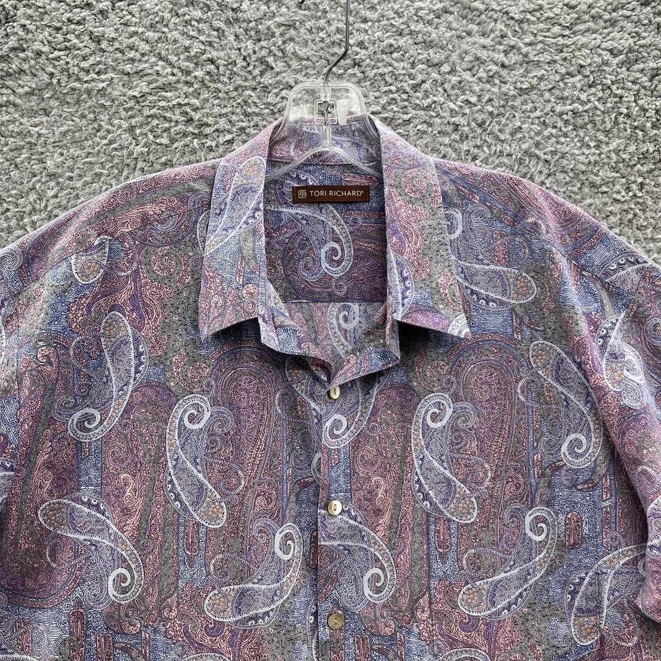 Camisa Tori Richard Hombres Grande Azul Púrpura Paisley Aloha Algodón Césped Hawaii EE. UU. Foto 2 de 4