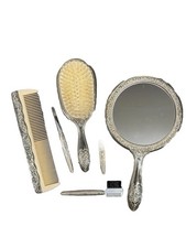 Vintage Silver Tone Vanity Set Hand Mirror Brush Comb 6 Pc Ornate Floral Dresser
