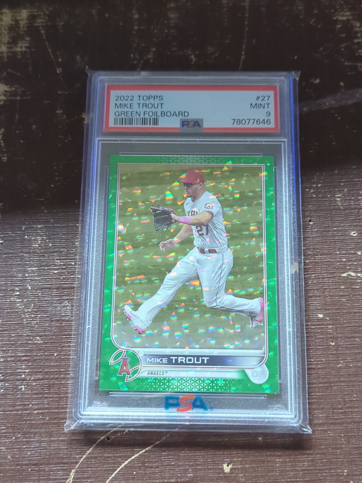 2022 Topps Green Foil MIKE TROUT Holo Refractor Card #27 PSA 9 ANGELS #/499 SP view 3