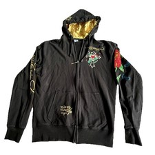 Ed Hardy by Christian Audigier Hoodie XXL Black Beaded Skull Rose Gold Lined Y2K